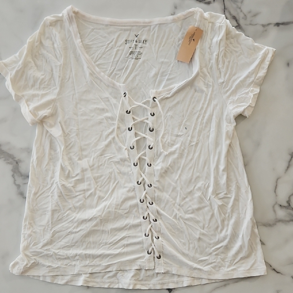 American Eagle White Lace-Up Top